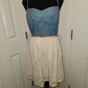 Girls speechless dress adjustable straps, white lace & denim blue polka dot. L